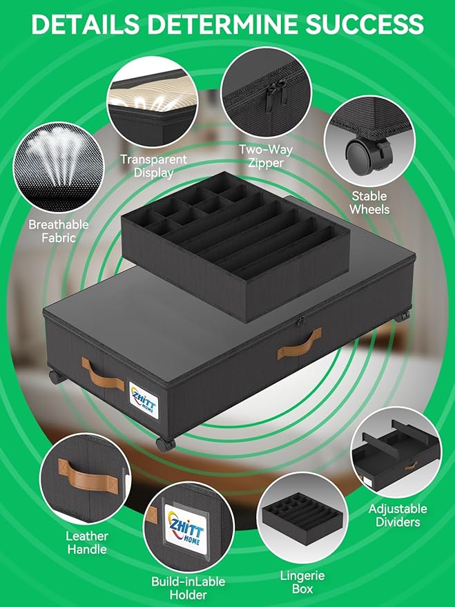 Under Bed Storage with Wheels, 2-Pack 58L Under the Bed Storage Containers with Lids, 1-Pack 15L Box, Organizer Bins Rolling Underbed Storage for Clothes, Underwear, Socks, Shoes - Delicate