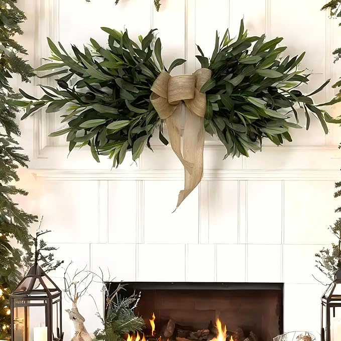 Artificial Olive Swag, Floral Swag with Green Leaves and Olive Fruit, Fake Olive Leaves Decorative Swag