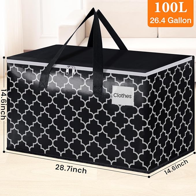 HomeHacks Heavy Duty Moving Bags with Tag Pockets, Collapsible Storage Totes for Moving, Camping & Travel -Foldable Packing Boxes, Zipper Handles, Black（8 Packs, 100L）
