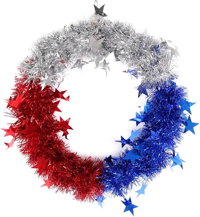 Patriotic Wreath for Front Door Red White Blue Wreath 4th of July Wreaths for Door Wall Memorial Day Decor Independence Day Hanging Decoration for Outside Home Farmhouse Holiday (Shiny A)