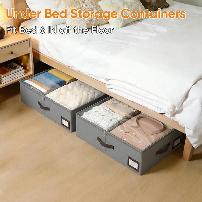 OIAHOMY 2 Pack Under Bed Storage, 6 Inch High Under Bed Storage Containers with Adjustable Dividers, Dual Zippers, &Clear Lid, 38L Under Bed Drawers For Clothes, Blankets, Clothing, & Shoes, Grey