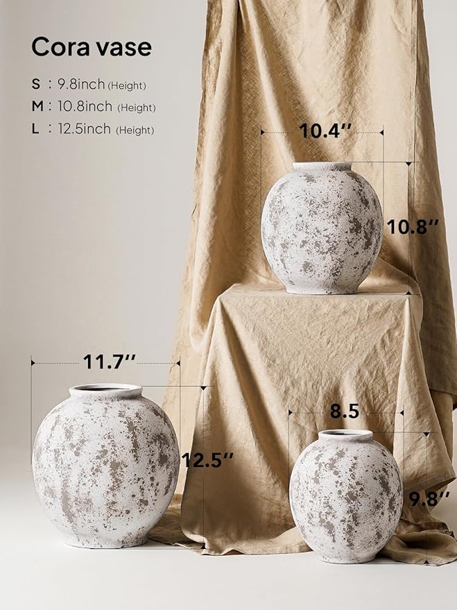 Large White Ceramic Vase - 9.8 Inch Rustic Farmhouse Vase for Home Decor, Minimalist Tall Vases for Living Room, Table, Bathroom, Holiday & Weddings (Sandstone Grey)