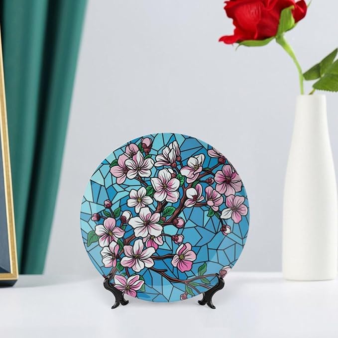 Stained Glass Theme Decorative Ceramic Plate Round Porcelain Plate,7 inch,Cherry Tree Pattern,for Decorative Ornaments Giving Plates, 1 Plate with 1 Display Stand,Blue Pink