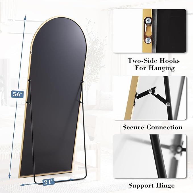 DUMOS Arched Full Length Mirror, 56"x21" Full Body Floor Standing Mirror with Aluminum Frame and Shatter Proorf Nano Glass, Modern Wall Hanging Leaning for Living Room, Home Decor, Gold