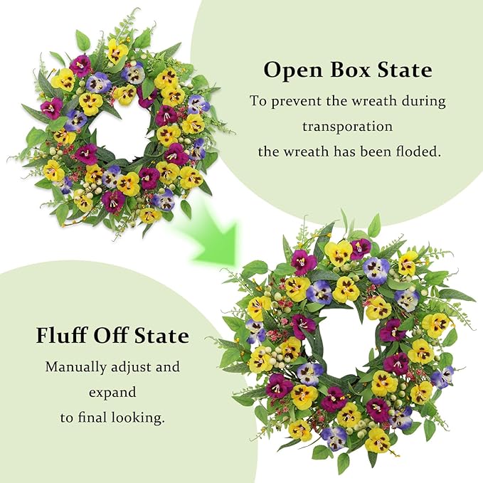 22 Inch Artificial Spring Summer Wreaths for Front Door,Pansy Flower Wreath with Eucalyptus Leaves,Berries,Ferns for Indoor Outdoor Wall Porch Festival Farmhouse Home Holiday Decor.