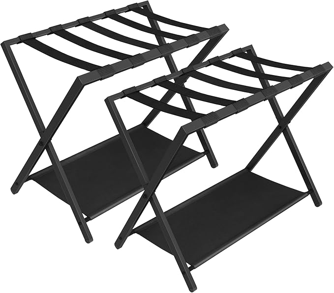 Luggage Rack, Folding Suitcase Stand for Guest, Foldable, Luggage Holders with Shelf, Steel Frame with Nylon Straps for Bedroom, Hotel, Holds up to 154 lb, Black, 2 Pack LR03901B