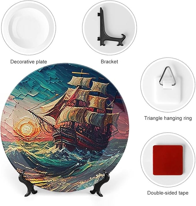 Decorative Plates, Ocean Sailing Ship at Sunset Painting Display Plate for Home Office Kitchen Table Decor Porcelain Plates 10 Inch, Birthday Gifts