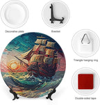 Ocean Sailing Ship at Sunset Painting Decorative Plates Home Decor Ceramic Plates Wedding Gifts Dinner Plates Display for Living Room, Kitchen, Hallway Console Side Table, 7 Inch