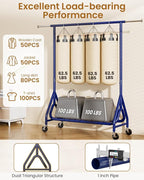 Heavy Duty Clothing Rack, Metal Clothes Rack Load 450 LBS, Rolling Coat Racks for Hanging Clothes with Lockable Wheels, Wardrobe Closet Garment Racks for Bedroom, Navy Blue