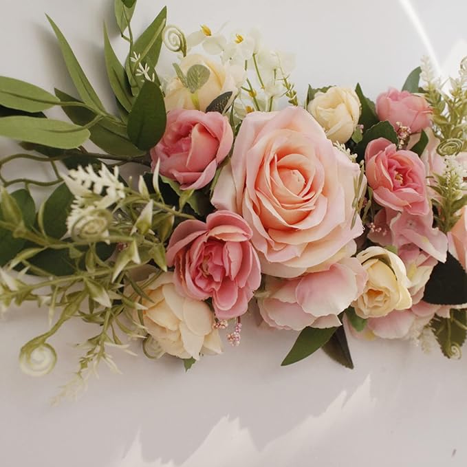 Wedding Arch Flowers, 25.6 Inch Artificial Rose Flower Swag, Decorative Rose Floral Swag for Lintel, Green Leaves Flower Garland for Home Garden Wedding Door Decor (Pink)