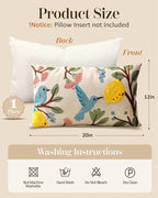 Embroidered Lumbar Pillow Cover 20x12 Inch - Spring Summer Boho Decorative Pillow Cover with Zipper for Living Room Couch Sofa Bed Aesthetic Design Bird Lemon Cushion Pillowcase