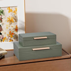 Decorative Box, Decorative Boxes with Lids 2-Set, Memory Box for Keepsakes, Beautiful PU Leather Decorative Storage Boxes in Style, Decor Box with Rose Metal Handle, Store Photos, Documents Green