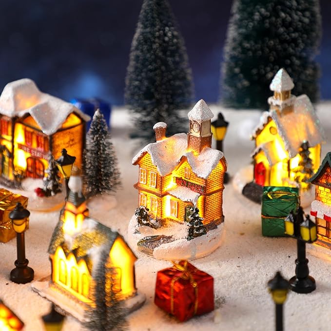 Shappy 48 Pcs Christmas Village Houses Town Buildings Accessories 10 Light up Christmas Village House 12 Mini Trees 12 LED Lights 2 Snow Blanket Box for DIY(Classical Style)