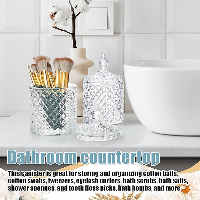 Aoriher 4 Pcs Crystal Glass Candy Jar Set with Lids Home Decorative Storage Jars for Apothecary, Bathroom, Kitchen, and Pantry, Ideal for Cotton Swabs and Jewelry(Large,Clear)