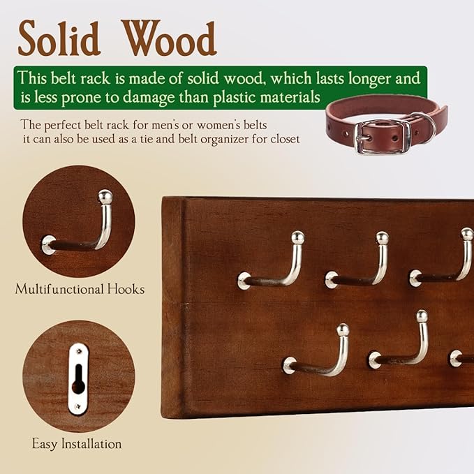 Treehouse Belt Organizer Rack, Holds Over 28 Large Belts, Sturdy Metal & Sturdy Wood Storage Holder for Closet, Versatile, Wall Mounted Belt & Tie Display Hanger for Bedroom - (Walnut) 4.25''Hx16''L