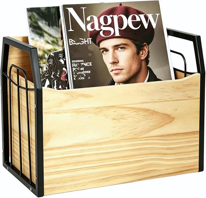 Wood Magazine Holder, Rustic Magazine Storage Rack Floor, Decorative File Book Organizer Basket for Desktop, Newspaper, Mails, Files (Recommend Drill Installation)