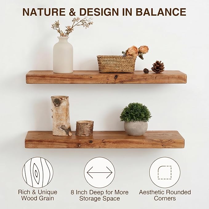 18 Inch Floating Shelves, Solid Wood Wall Shelves, 8 Inch Deep Floating Shelf – for Bathroom, Bedroom, Living Room, Kitchen, Home Decor & Storage, Heavy-Duty Wooden Shelf Wall-Mounted, Set of 2