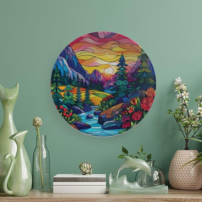 Stained Glass Theme Decorative Ceramic Plate Round Porcelain Plate,6 inch,Sunset Forest Stream Pattern,for Decorative Ornaments Giving Plates, 1 Plate with 1 Display Stand,Multicolor