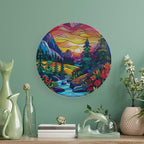 Stained Glass Theme Decorative Ceramic Plate Round Porcelain Plate,7 inch,Sunset Forest Stream Pattern,for Decorative Ornaments Giving Plates, 1 Plate with 1 Display Stand,Multicolor