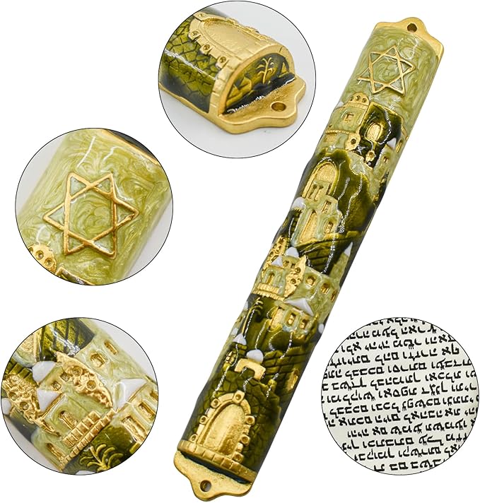 Mezuzah with Scroll for Door, Enamel&Zinc Alloy Blessing Mezuzah Case for Door, Colored Painted Mezuzha Scroll Kosher for Jewish Gifts/Jewish Decor, Christmas (Gold, 5.78 * 0.86 in)