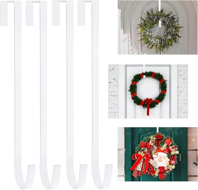 PECULA 4 Pack 14” Wreath Hangers for Front Door, Wreath Door Hanger 40lb Load-Bearing, Metal Wreath Hanger for Welcome Sign, Door Wreath Hanger for Halloween, Easter, Christmas Decorations (White)