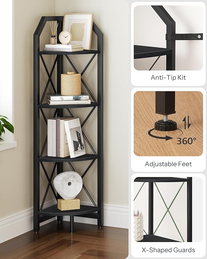 CHOEZON 4-Tier Corner Shelf, Industrial Corner Bookshelf, 47.6" Corner Storage Stand, Plant Stand Display Shelf, Corner Bookcase for Bedroom, Living Room, Home Office, Black TCJ09BB