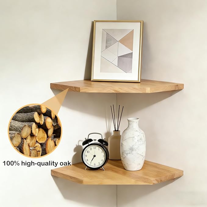 JiudunsKylight Wall Mounted Corner Floating Shelf Set of 3, with Wire Hole, 8.5/11.2/13.2 Inch Oak Shelves for Bedroom, Kitchen, Living Room, Storage and Display for Small Plants