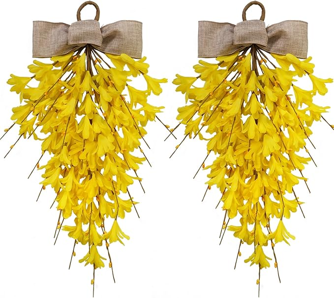 Forsythia Teardrop Swag 18 Inch, 2Pcs Artificial Spring Summer Floral Swags, Flower Hanging Swag for Window Wall Wedding Party Home Decor (Yellow)