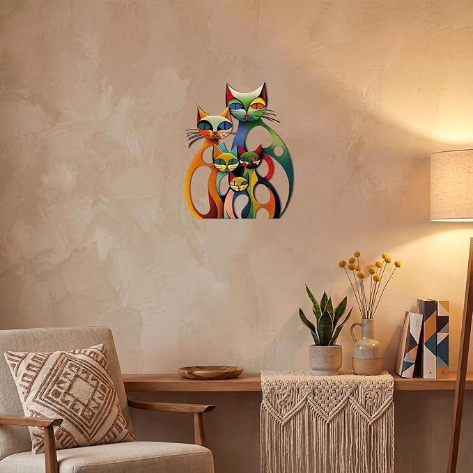 Wesiti Cat Wall Art Decor Iron Wall Sculptures Decor for Cats Lover 13.78 x 11.02 Inches Colorful Mid Century Retro Cat Signs for Home Living Room Bedroom Kitchen Office