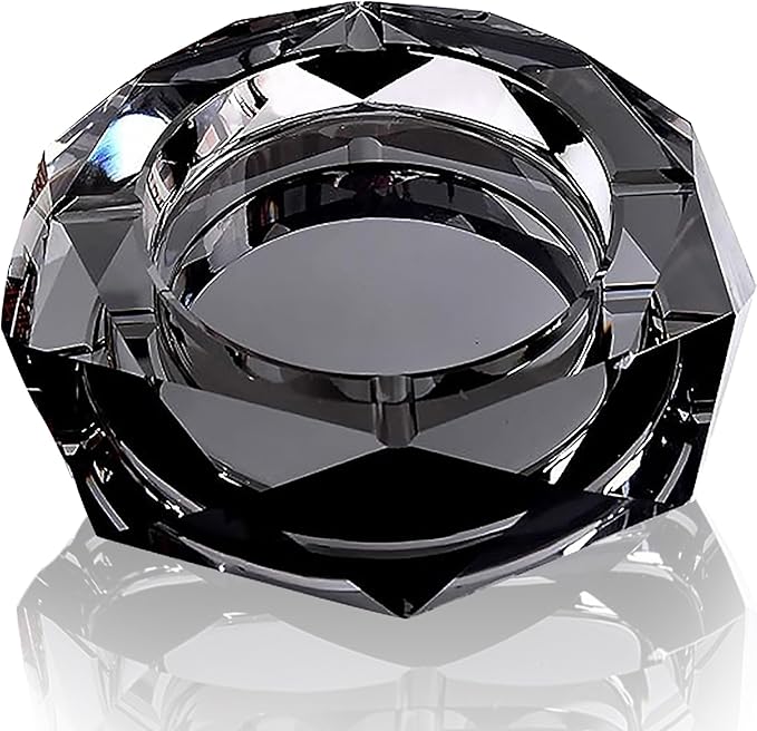 Coomin 5.9in Bigger Crystal Glass Ash Tray, Sparkly Cigarettes Cigar Ashtray, Cool Ashtrays for Smokers Indoor Office Home Desktop Tabletop, Gifts for Men, Black
