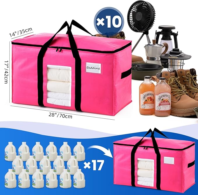 TAILI 10 Pack Pink Extra Large Moving Bags, Heavy Duty Totes with Visible Window, Wrap Around Handles, Ideal for Storage, Space-Saving