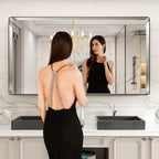 LOAAO 77X36 Inch Brushed Nickel Bathroom Mirror, Rounded Rectangle Silver Metal Frame Mirror, Brushed Nickel, Anti-Rust, Hangs Horizontally or Vertically