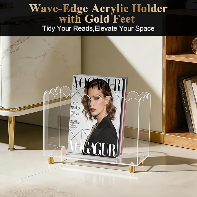 Acrylic Magazine Holder,Magazine Rack Floor,Crystal Clear Stylish Organizer with Luxe Gold Metal Feet and Wave Edge Design Space Saving Storage for Books Newspapers Office Supplies,Home Office
