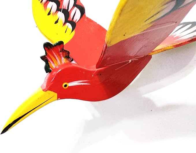 WitnyStore 15" Red Yellow Hoopoe Woodpecker Wooden Flying Bird Mobile Kinetic Hanging Sculpture for Adult Collectors Handcrafted Room Decoration Display Art Dynamic Overhead Ornament