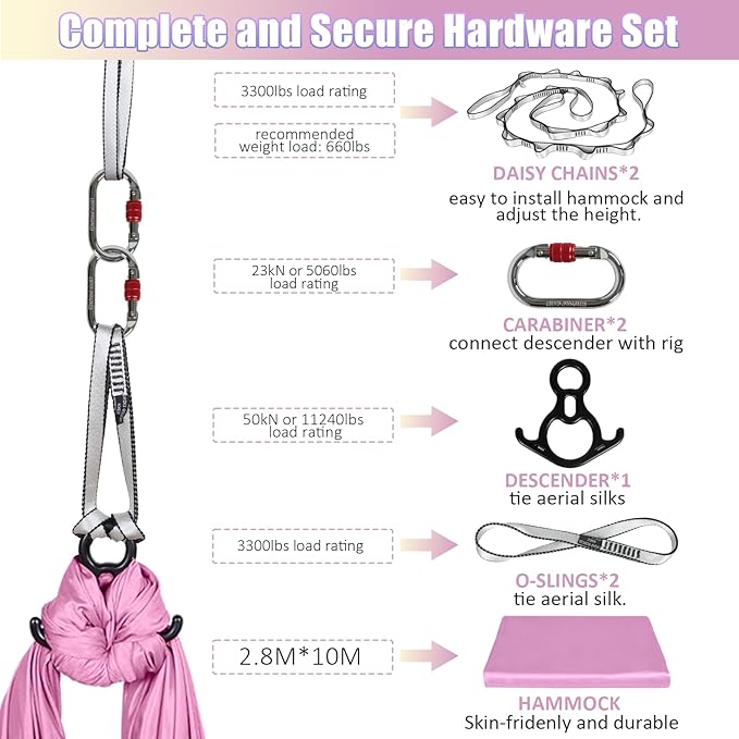 Aerial Silks Kit & Aerial Yoga Hammock - 11Yd Premium Fabric with Hardware - Easy Setup for Flying Yoga, Aerial Swing & Fitness - Supports Up to 14ft Rigging