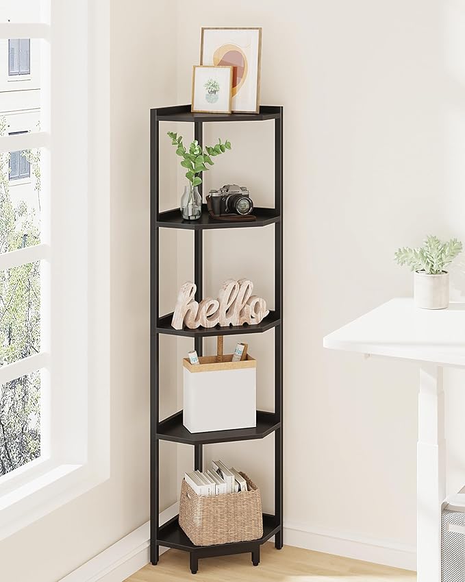 Hzuaneri Corner Shelf Stand, Corner Bookshelf, Storage Standing Shelf Unit with Metal Frame, Plant Stand, Bookcase for Living Room, Home Office, Bedroom, 5-Tier Black CS05906B