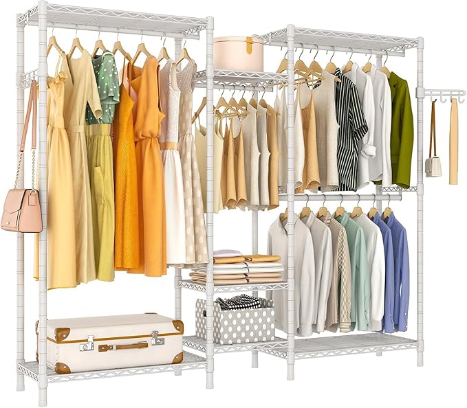 Heavy Duty Garment Rack, Portable Wardrobe Clothes Rack Freestanding Adjustable Clothing Rack with 7 Tiers Adjustable Wire Shelving and 4 Hanger Rods, Max Load 920LBS, White