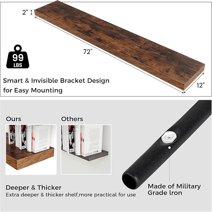Venusmiles Floating Shelves for Wall, 72 Inch Wide x 12 Inch Deep Floating Shelves, Long Wood Floating Wall Shelf Shelves for Living Room Bathroom Bedroom Kitchen Home - (Brown, 72" W x 12" D x 2" H)