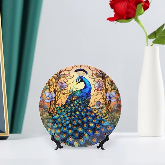 Decorative Plates, Stained Glass Design Peacock & Flower Display Plate for Home Office Kitchen Table Decor Porcelain Plates 6 Inch, Gifts for Peacocks Lover