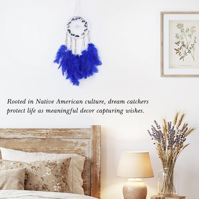 Pretty Jolly Crystal Stone Small Dream Catchers Blue Feathers Mini Dreamcatchers with Beads for Car Rear View Mirror Hanging Decoration Good Luck Travel Charm Little Bedroom Ornaments for Women Girls