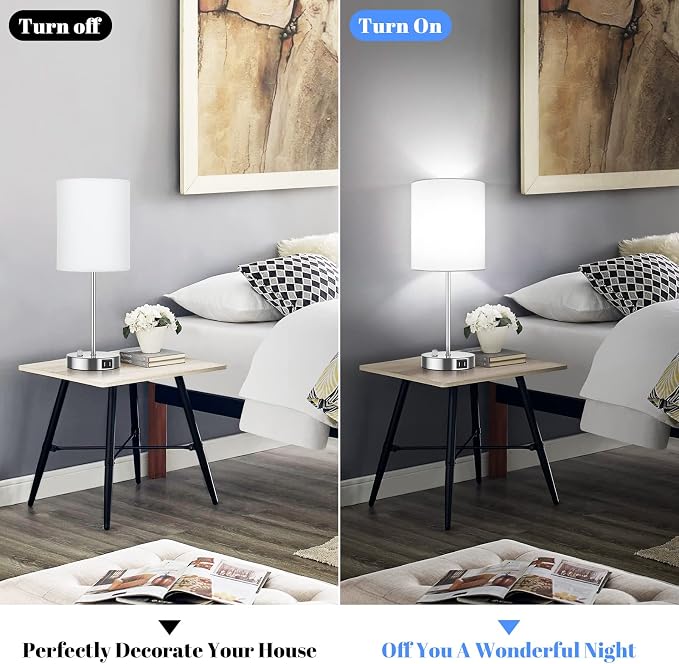 Set of 2 Table Lamps with USB Ports, White Bedside Lamps with AC Outlet, Modern Nightstand Lamps with Rotary Switch, Minimalist Desk Lamp with Fabric Shade for Bedroom Living Room Office Reading