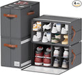 4 Pack Shoe Organizer for Closet, Foldable Shoe Storage Organizer with Adjustable Dividers and Clear Cover, Stackable Fabric Closet Shoe Organizer Storage Box Fits 32 Pairs, Gray