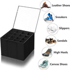SUOCO 2 Pack Shoe Organizer for Closet, Fits up to 32 Pairs, Small Space Shoe Storage Boxes Bins Containers w/Adjustable Dividers and Clear Top, Black