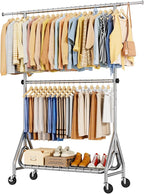 Double Rods Clothing Rack, Heavy Duty Clothes Rack for Hanging Clothes Load 560LBS, Metal Rolling Garment Racks with Wheels, Freestanding Clothes Hanging Racks, Silver