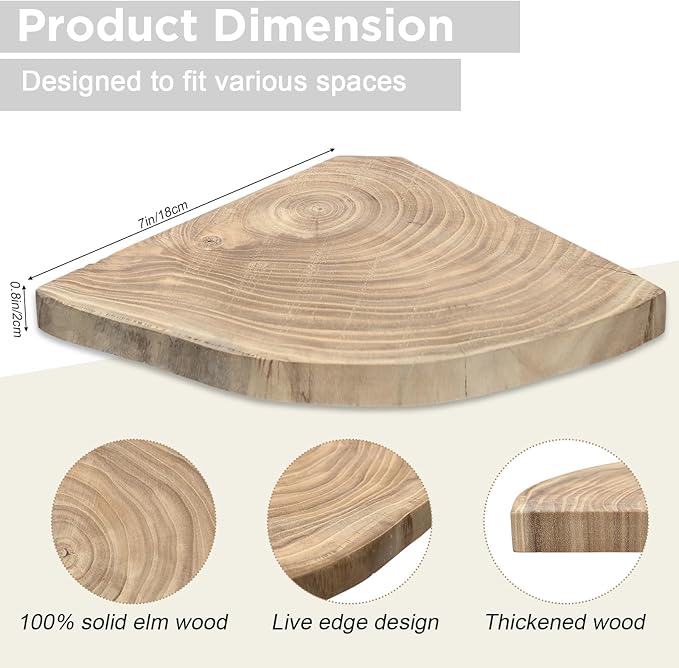 3 Pcs Small Corner Floating Shelves for Wall Solid Wood 7 Inch Rounded Corner Shelves Wall Mounted Natural Solid Elm Wood Shelf Rustic Style Wooden Hanging Shelf for Bedroom Decor(Wooden)