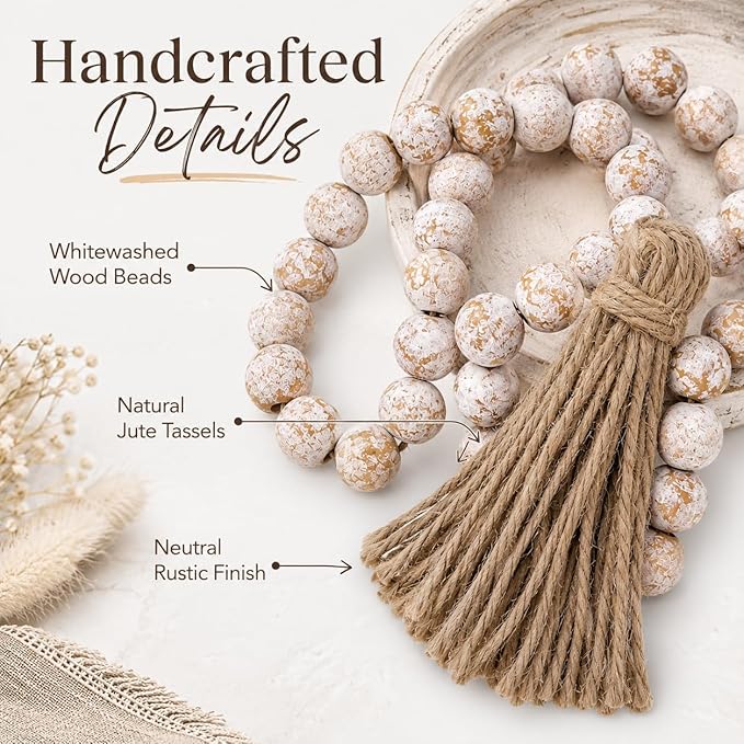 IMIKEYA Wooden Beads Garland: Farmhouse Wood Bead Garland with Tassels Boho Wall Hanging for Home Decor Tiered Tray Rustic Wood Prayer for Coffee Table Decor