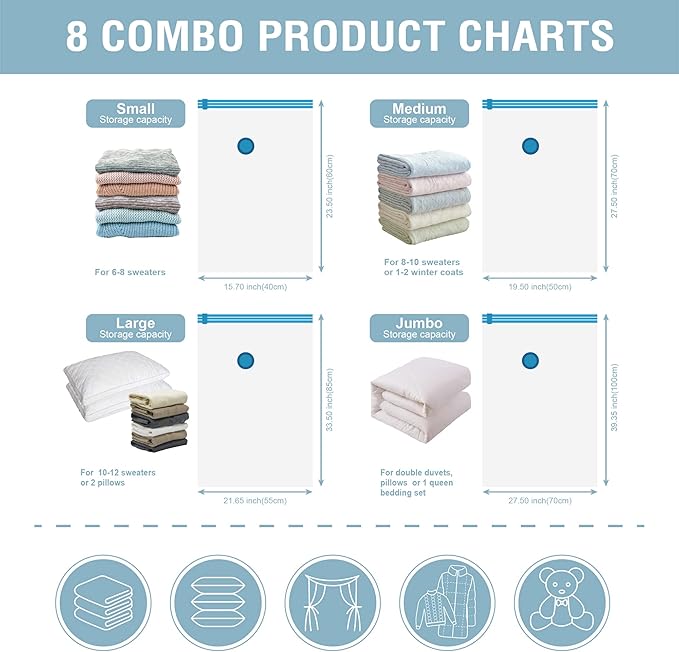 Cozy Essential Vacuum Storage Bags, Compression Space Saver Bags for Clothes, Comforters, Blankets, Pillow, Bedding, Sealer Clothing Storage,8 Combo