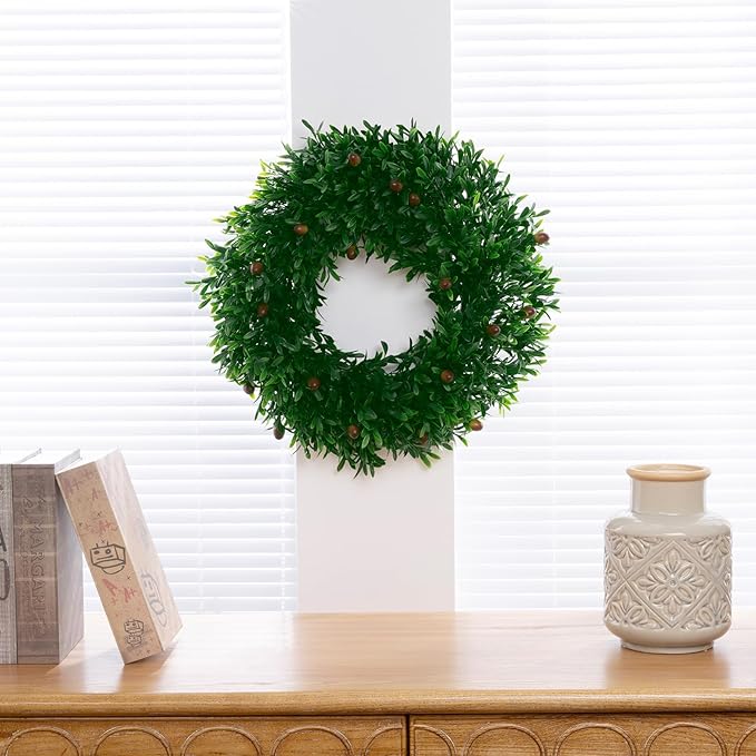 U'Artlines 17" Spring Summer Wreath for Door Green Boxwood Wreath Greenery Hanging Garland for Home Wedding Wall Window Decoration Green＆Brown