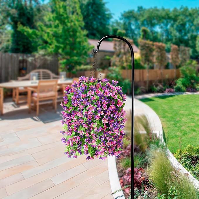 INQCMY Artificial Hanging Flowers Decoration, 4pcs Fake Floral Basket Plants for Outdoor Porch, Faux Shrubs Home Spring Decor UV Resistant Potted Violets for Outside Garden No Fade