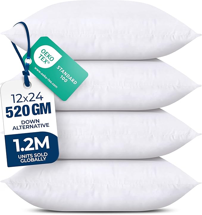 Utopia Bedding Throw Pillows (Set of 4, White) – 12 x 24 Inches Down Alternative Pillows for Bed, Sofa, and Couch - Fluffy Decorative Stuffer Pillow for Indoors & Outdoors